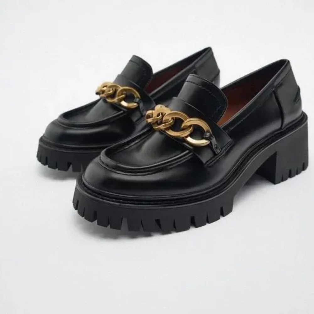 Zara Chain Trim Heeled Lug Sole Loafers